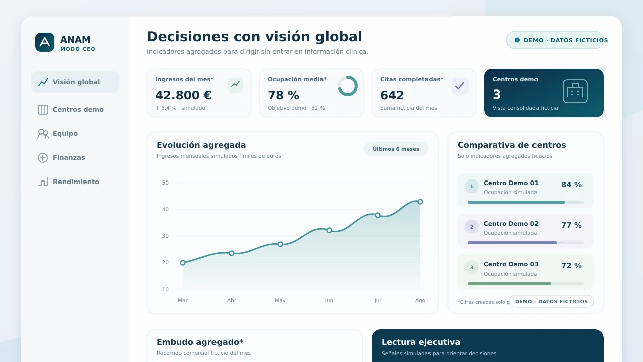 Demo con datos ficticios: indicadores agregados del Modo CEO