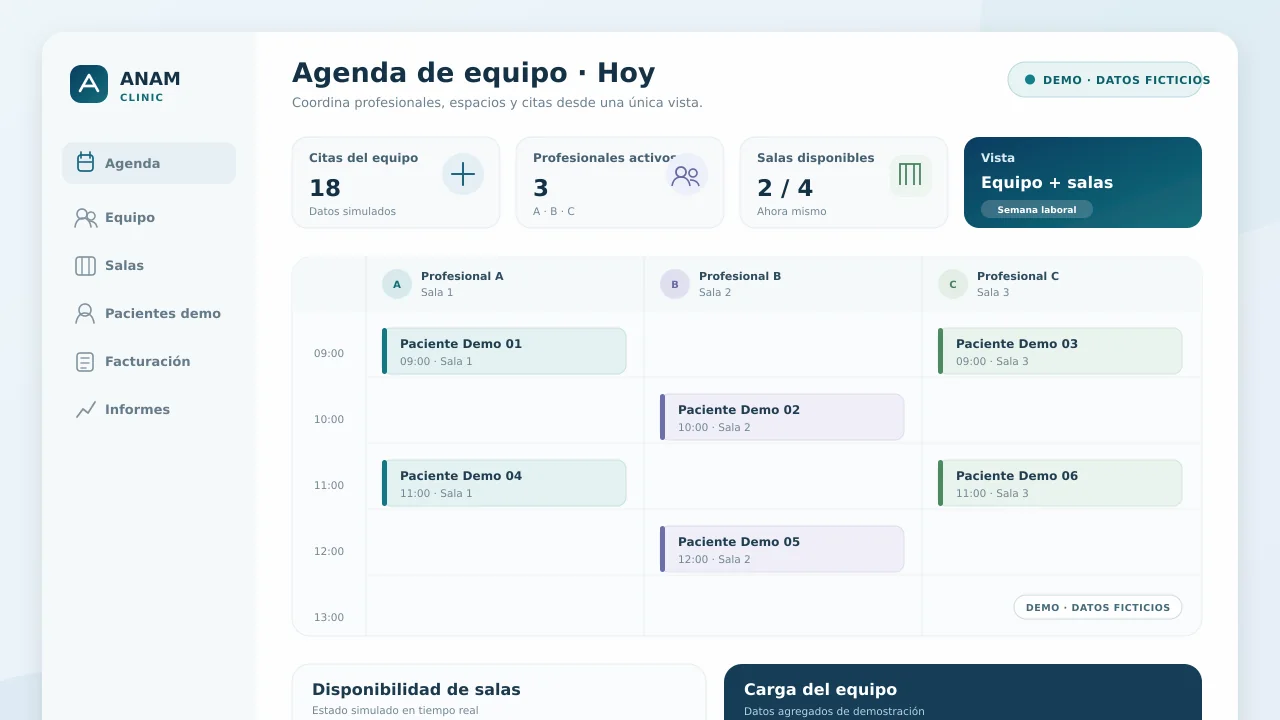 Demo con datos ficticios: agenda de equipo de Anam Clinic