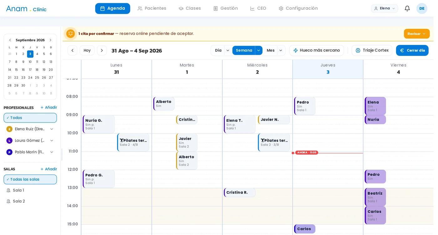 Pantalla real de Anam Clinic: agenda semanal del equipo con datos de demostración