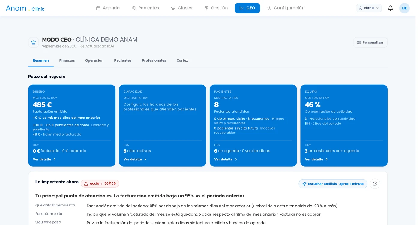 Pantalla real del Modo CEO de Anam con indicadores de demostración