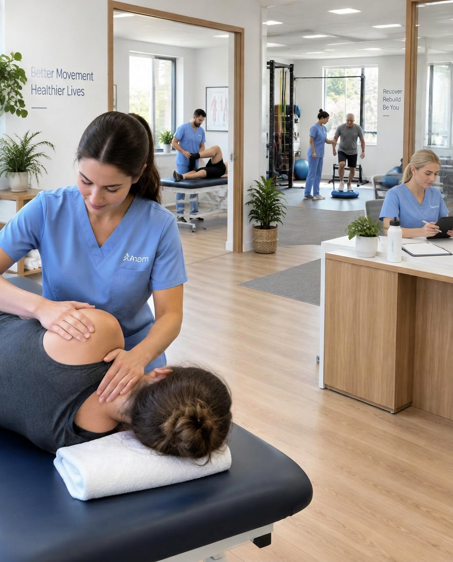 Equipo de fisioterapia trabajando en una clínica