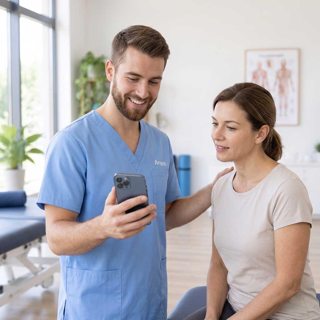 Fisioterapeuta mostrando la app Anam Freelance a una paciente